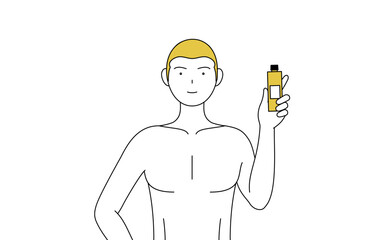 脱毛した男性の線画、除毛クリームを持つポーズ