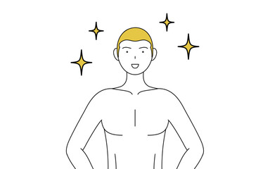 脱毛した男性の線画、腰に手を当てて胸を張るポーズ