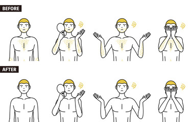 体毛が濃くて悩んでいる男性の線画ポーズセット、毛深くて困っているポーズ