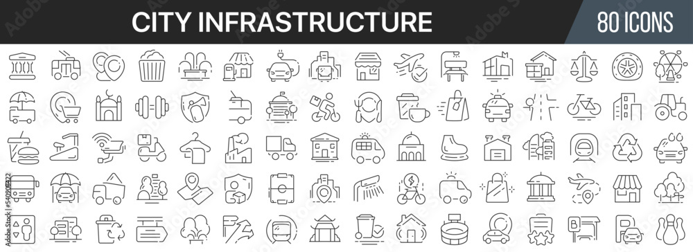 Poster city infrastructure line icons collection. big ui icon set in a flat design. thin outline icons pack
