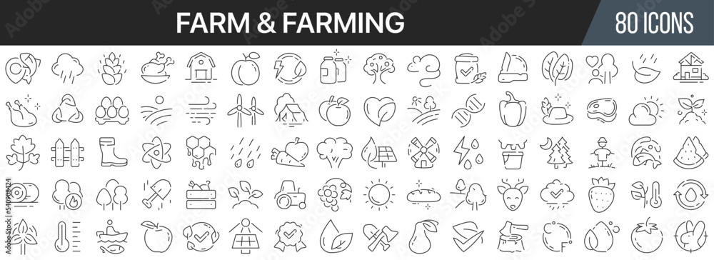Poster farm and farming line icons collection. big ui icon set in a flat design. thin outline icons pack. v