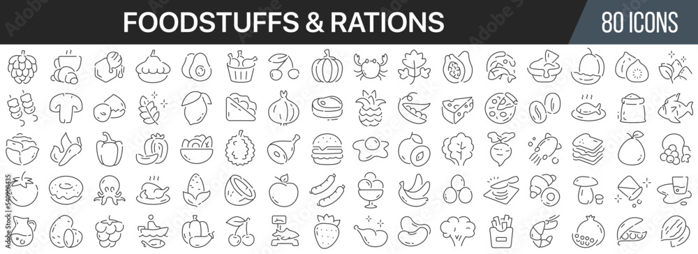 Poster foodstuffs and rations line icons collection. big ui icon set in a flat design. thin outline icons p