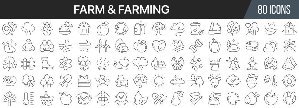 Farm and farming line icons collection. Big UI icon set in a flat design. Thin outline icons pack. Vector illustration EPS10