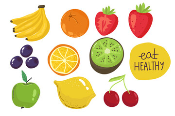 Vector set of juicy fruits and vegetables in cartoon style . Healthy lifestyle, vegetarianism,