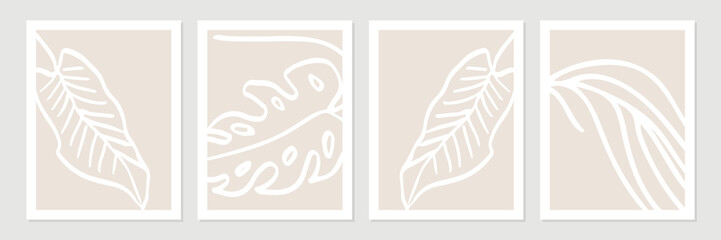 Set of abstract tropical organic shapes, leaves, lines and textures in white on neutral nude and beige background.