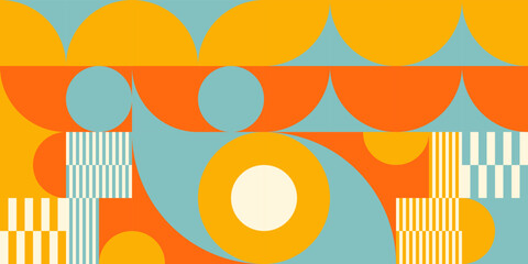 Retro geometric aesthetics. Bauhaus and avant-garde inspired vector background with abstract simple shapes like circle, square, semi circle. Colorful pattern in nostalgic pastel colors. - 540908693
