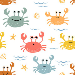 
Vector seamless children's pattern with colorful crabs, shells and starfish on a white background. Suitable for baby prints, nursery decor, wallpaper, wrapping paper, stationery, scrapbooking, etc.