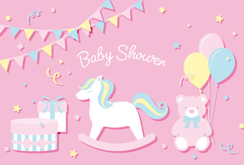 vector background with a rocking horse, teddy bear, balloons, gift boxes for banners, baby shower cards, flyers, social media wallpapers, etc.