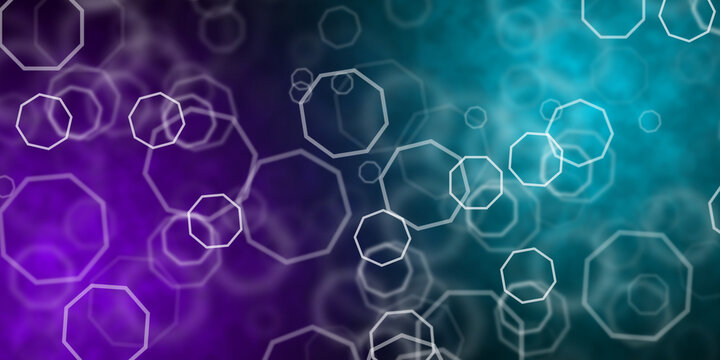 Abstract purple and light blue background with flying octogonal shapes