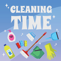 Cleaning time poster template, flat vector illustration.