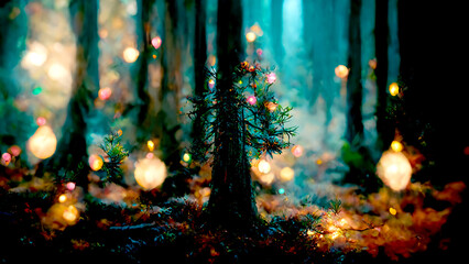 Obraz na płótnie Canvas Christmas tree decoration in winter forest with northern lights. 3d Illustration of Christmas on Blurred bokeh background