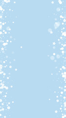 Snowy christmas background. Subtle flying snow flakes and stars on light blue winter backdrop. Delicate sweet snowy christmas. Vertical vector illustration.