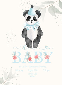 Its a Baby. Baby Shower lettering invitation template with watercolor plush toy panda and green leaf.