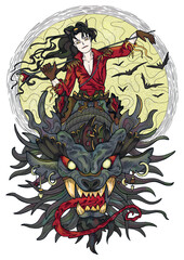 Colorful vector illustration with fantasy dragon and handsome warrior character boy, hero man or prince isolated on white, manga cartoon style