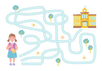 Labyrinth, help the girl find the right way to the school. Logical quest for children. Cute illustration for children's books, educational game