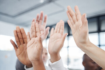 Support, question and teamwork with hands of business people for feedback, diversity and volunteer...