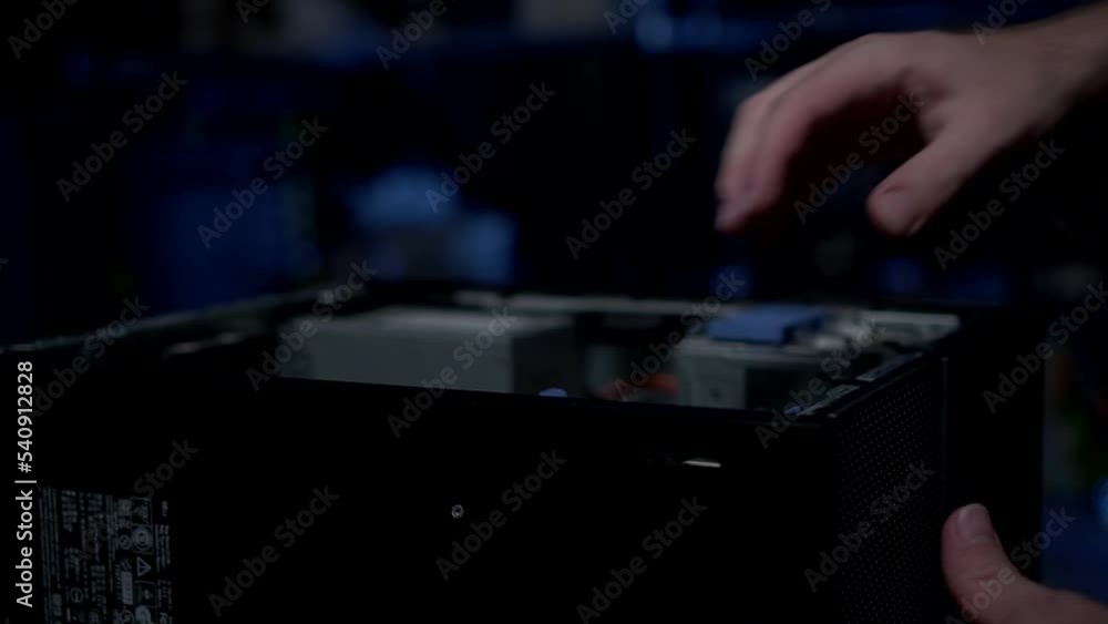 Poster hand took external hard drive from inside the cpu. concept data storage. 4k.