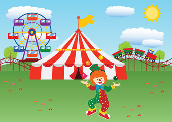 Obraz na płótnie Canvas Cartoon Carnival. Cartoon Train, Cartoon Carnival Tent, Circus Wheel, Cartoon Clown