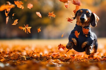 Dachshund dog playing with falling leaves in autumn park - 540913029