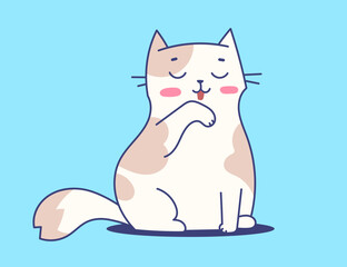 Vector illustration of happy cat character on blue color background. Flat line art style design of sitting and cleaning cute animal cat
