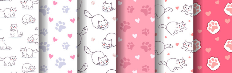 Vector set of seamless pattern with happy cute different cat character and paw print on color background. Flat line art style design of seamless pattern with animal cat