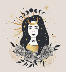 Mystical woman with the moon phases and the stars in her hair in a trendy boho style. Vector space portrait of a girl for wall print, t-shirt, tattoo design, for social media post and stories