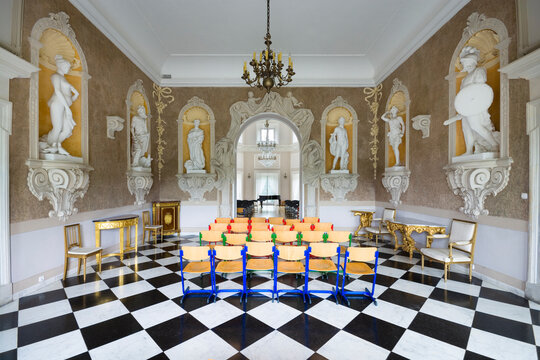 Interior of Baroque style Bielinski Palace in Otwock Wielki (near Warsaw) , Poland- vestibule and ballroom (nowadays concert room)