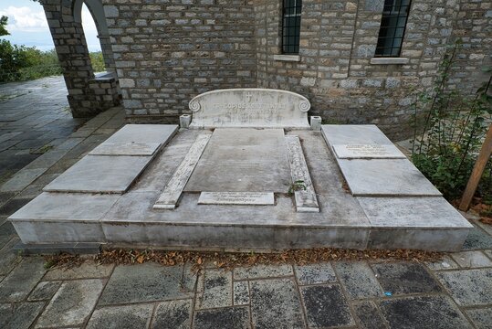 stone Christian church, marble tomb of heroes in a village of Mount Pelion, Milies village, Greece