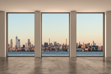 Fototapeta na wymiar Midtown New York City Manhattan Skyline Buildings from High Rise Window. Beautiful Expensive Real Estate. Empty room Interior Skyscrapers View Cityscape. Sunset West Side. 3d rendering.