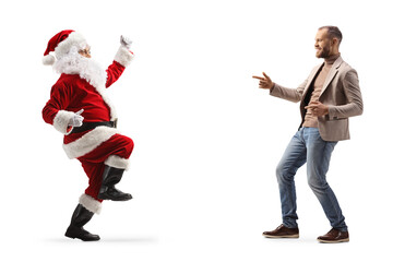 Full length profile shot of happy Santa Claus dancing with a young gentleman