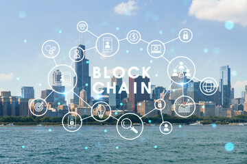 City view of Downtown skyscrapers of Chicago skyline panorama over Lake Michigan, harbor area, day time, Chicago, Illinois, USA. Decentralized economy. Blockchain, cryptography concept, hologram