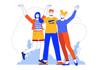 Happy people standing together web concept. Man and women hugging and raising hands. Friends team. Illustration in minimal flat design for blog, app design, onboarding screen, social media
