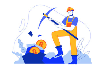 Cryptocurrency mining web concept. Miner earns bitcoins. Blockchain and digital money technologies. Illustration in minimal flat design for blog, app design, onboarding screen, social media