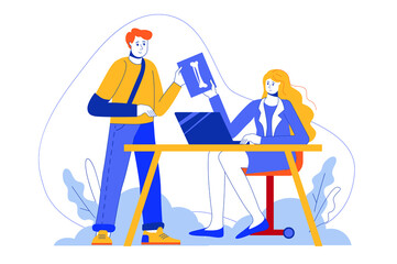 Medical x-ray office web concept. Hand injury patient consults with doctor. Diagnostics in clinic. Illustration in minimal flat design for blog, app design, onboarding screen, social media