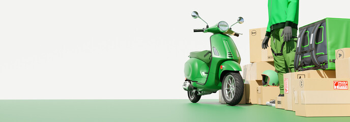 3D Online food order and food delivery service.carrier on freight scooter and delivery bag,Green and white color background.Food delivery Green moto scooter driver with Green backpack and delivery box © DOUGLAS