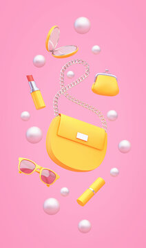 Yellow women's bag, purse, lipstick, mirror, sunglasses flying over pink background