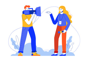 Internet news web concept. Journalist with microphone records reportage or video for online media. Illustration in minimal flat design for blog, app design, onboarding screen, social media