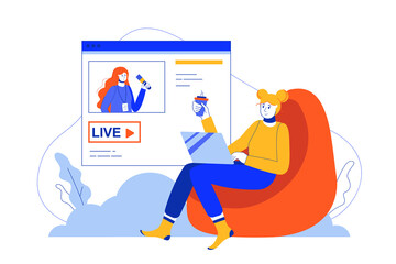 Live streaming web concept. Woman watching blogger broadcast while sitting at home with laptop. Illustration in minimal flat design for blog, app design, onboarding screen, social media