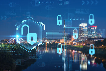 Panoramic view of Broadway district of Nashville over Cumberland River at illuminated night skyline, Tennessee, USA. Padlock hologram. The concept of cyber security to protect confidential information