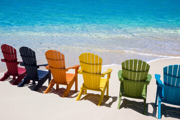 Coloredl wooden chairs on white sand 