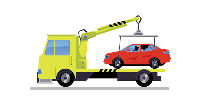 Towing truck transporting a car, flat cartoon vector illustration isolated.