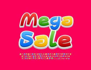 Vector advertising poster Mega Sale. Colorful 3D Font. Modern handwritten Alphabet Letters and Numbers. 