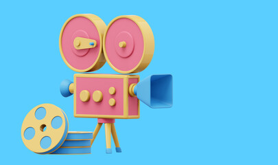 Vintage red cartoon style movie camera. Funny retro video camera. 3D rendering. Icon on blue background, text space.