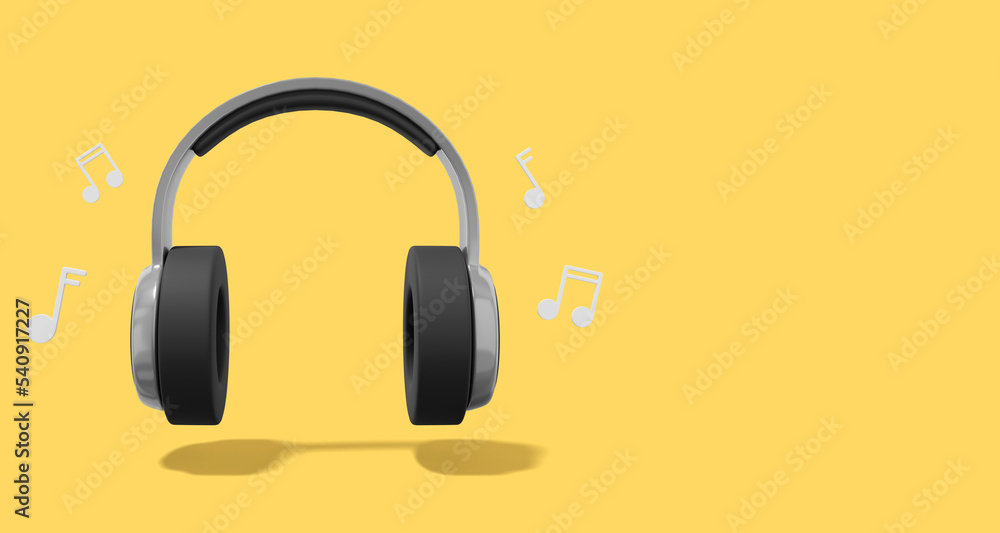 Poster 3d rendering. realistic gray headphones with musical notes on yellow background with space for text.