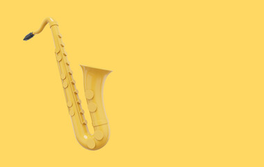 Naklejka premium Yellow saxophone, musical instrument, from side. 3d rendering. Icon on yellow background, space for text.