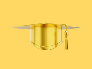 Graduate cap. Mortar board for a student at a university, school, college. 3D rendering. Realistic gold icon on yellow background
