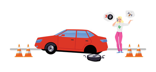 Woman calling repair shop or tow truck to help with broken car, flat vector illustration isolated on white background.
