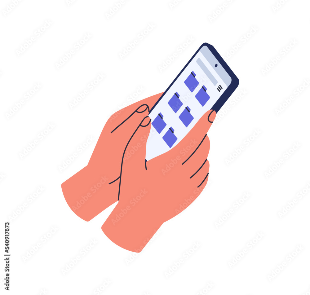 Aufkleber Hand holding mobile phone with folders on screen. Using business app for information, data storage in smartphone. Organizing and searching files. Flat vector illustration isolated on white background
