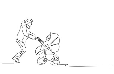 father walks his child with baby carriage outside in winter