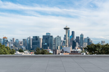 Skyscrapers Cityscape Downtown, Seattle Skyline Buildings. Beautiful Real Estate. Day time. Empty rooftop View. Success concept.
